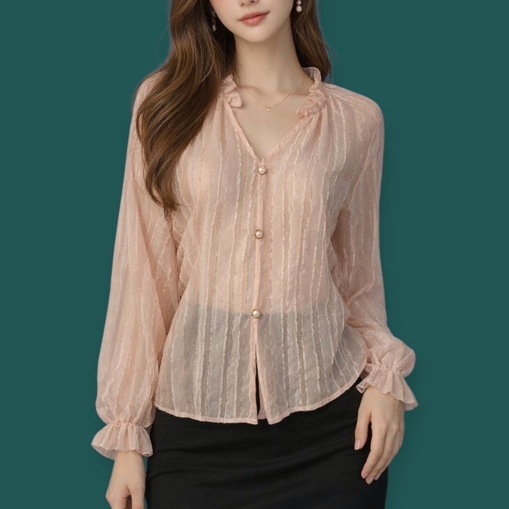 Light Pink Ruffle Pearl Button Feminine Coquette Long Sleeve V-neck Blouse